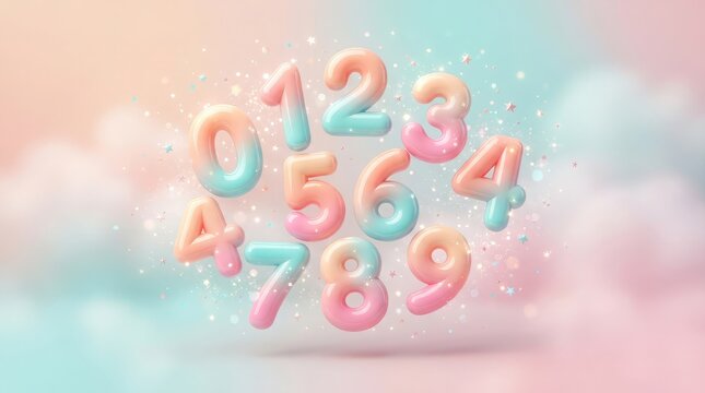 Colorful pastel numbers floating in a whimsical arrangement against a soft blurred background perfect for playful designs
