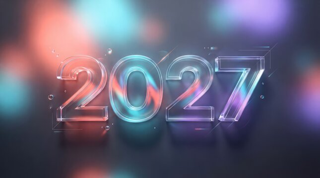Vibrant and futuristic rendering of 2027 with a glowing neon effect and blurred colorful lights in the background