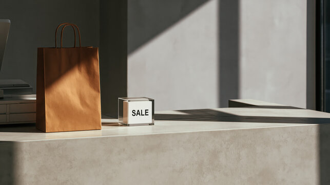 Brown paper shopping bag and sale sign stone counter near window suggest retail purchase, with soft sunlight casting geometric shadow across quiet