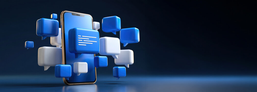 Blue and white smartphone messaging interface with floating chat bubbles, dark background and bright illumination conveys modern digital