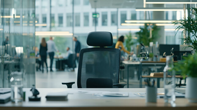 Modern office, empty desk, office chair, glass wall, and blurred coworkers create calm perspective across bright workspace