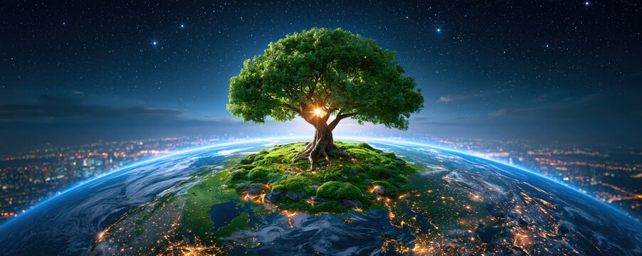 Planet earth green tree island night sky city light global environment hope and sustainability viewed from space