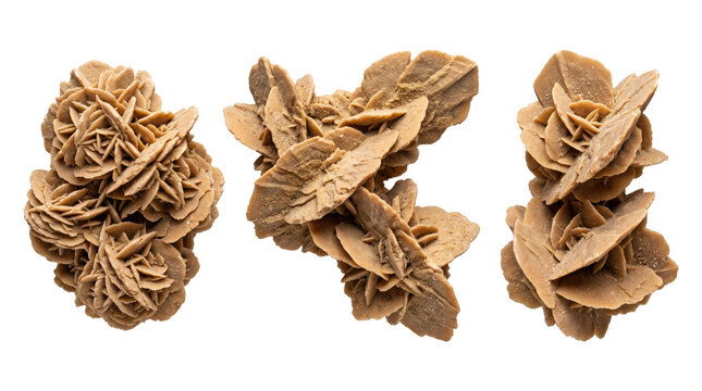 Three desert rose gypsum crystal clusters with petal-like formations, isolated on a white background, studio of mineral specimens