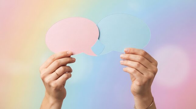 Hands holding a pale pink circle against a soft pastel rainbow gradient background representing concepts of identity and self discovery