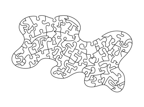 Abstract jigsaw puzzle shape filled with intricate interlocking pieces in a black and white line style