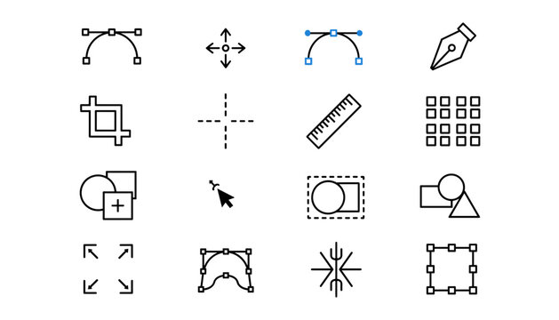 Graphic design tools and vector editing software icons set line art illustration for creative work
