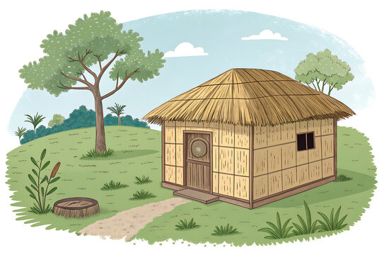 Indian rural hut with bamboo walls, simple vector illustration
