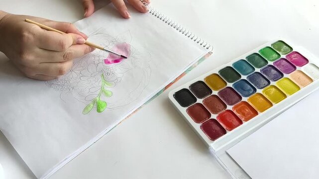 Teen girl practicing watercolor painting with a brush and sketchbook, exploring colors and artistic techniques, representing creative education, mindfulness, self-development, the joy of making art.