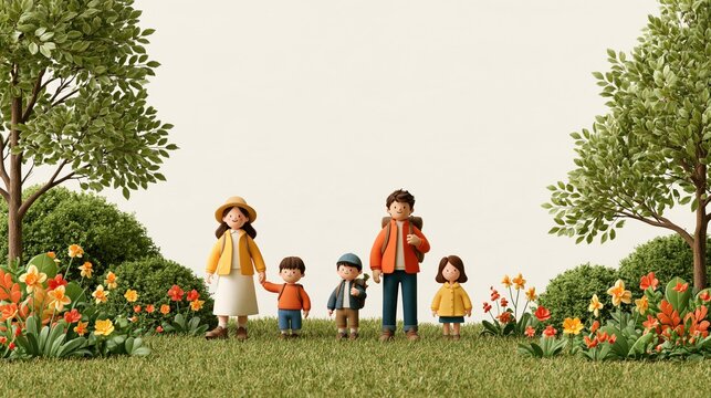 Family Growth and Collaboration on Spring Outdoor Adventure with Parents and Three Children in Nature