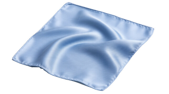 A soft blue satin cloth elegantly draped on a flat surface, showcasing its smooth texture and sheen isolated on transparent background