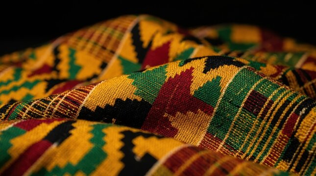 Folded kente cloth in low light. Close-up of handwoven Ghanaian fabric with deep red, green and gold zigzag motifs falling into soft shadowed folds