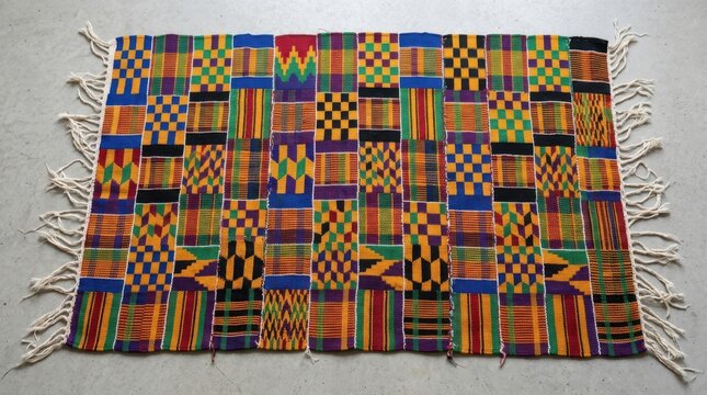 Kente cloth with fringed edges on concrete. Handwoven Ghanaian blanket with purple, blue and gold blocks and long white tassels on a plain grey floor