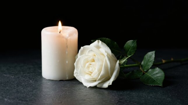 White candle and rose on dark stone. Lit pillar candle beside a white rose with green leaves on black slate for condolence and remembrance