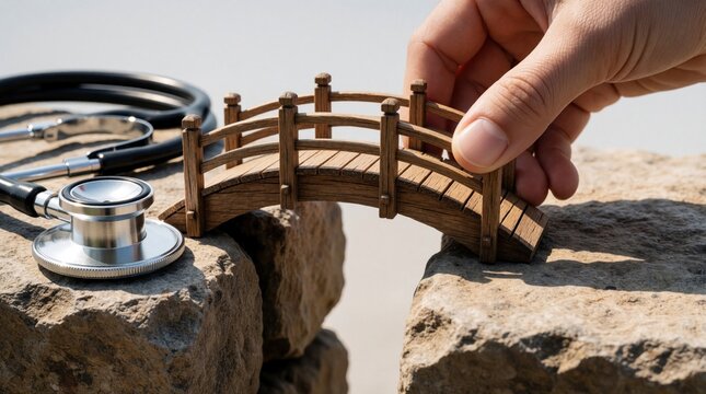 Hand places miniature wooden bridge between two large stones. Medical stethoscope lies nearby on rock. Concept of health equity, access to healthcare services. Overcoming medical gaps, improving