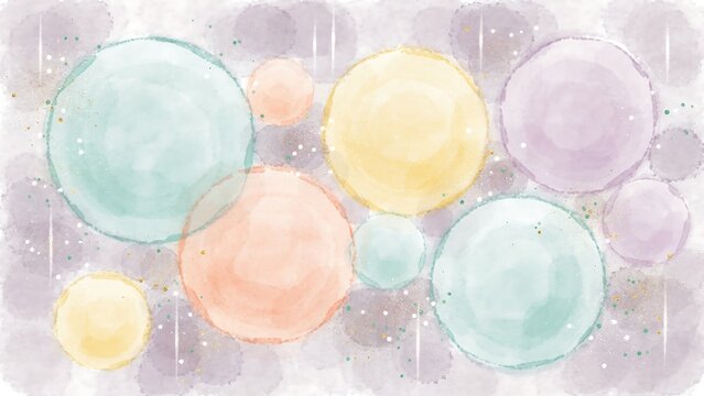 Abstract watercolor background, featuring large soft, pastel circles in, blue, yellow, purple, and peach with, scattered white sparkles