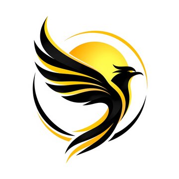Phoenix bird logo design with golden wings and sun vector style isolated on white background