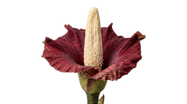 Giant titan arum blooming with dark maroon petals and central spadix on transparent background