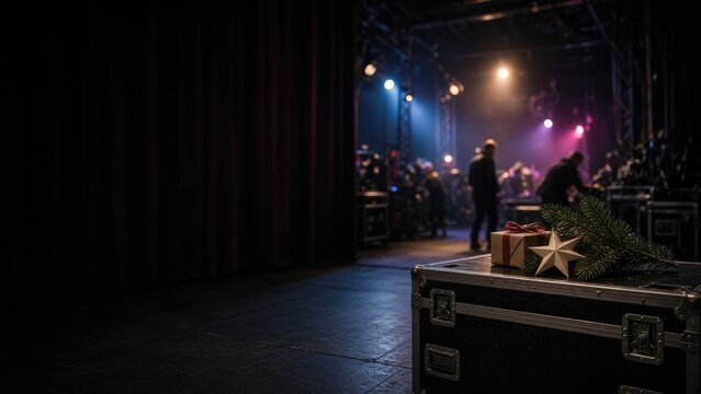 Decorative gift box with red ribbon and evergreen sprig on backstage crate