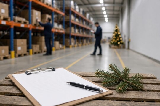 Clipboard on wooden table with pen and evergreen sprig in warehouse setting