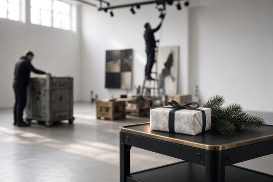 Unwrapped gift box with black ribbon and pine sprig in contemporary gallery setting