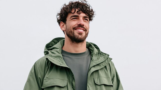 Growth mindset young man with curly hair and beard smiling outdoors in olive green jacket against pale sky, casual lifestyle portrait of optimism and expanding horizon