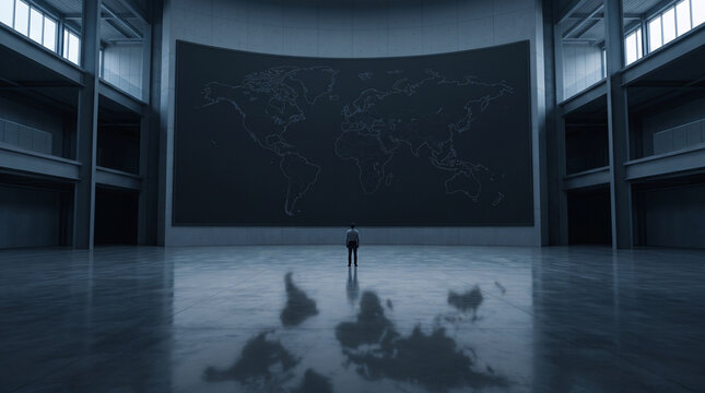 Carte mondiale sombre projet&eacute;e dans une immense salle vide