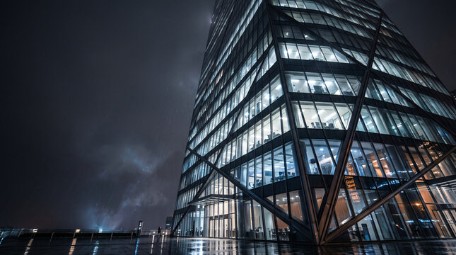 Fa&ccedil;ade vitr&eacute;e d'une tour de bureaux illumin&eacute;e pendant la nuit
