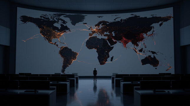 Carte mondiale de r&eacute;seaux num&eacute;riques sur un &eacute;cran g&eacute;ant dans une salle sombre