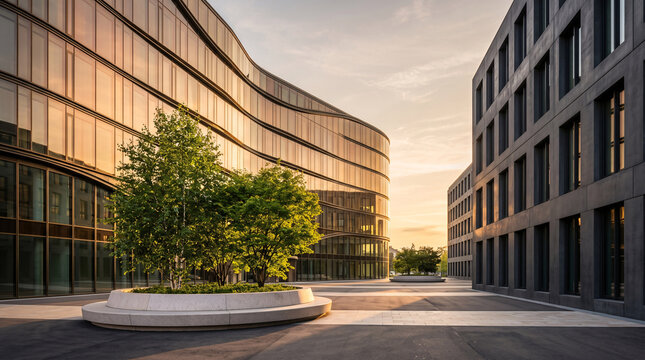 B&acirc;timents de bureaux modernes autour d'une cour plant&eacute;e d'arbres