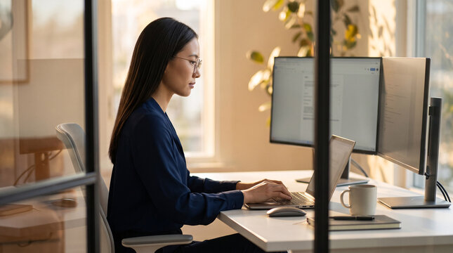 Femme travaillant sur ordinateur dans un bureau baign&eacute; de soleil