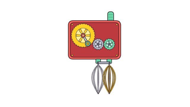 Vintage Hand Cranked Egg Beater Twin Whisk Beaters Interlocking Gears Coral Red Mint Green Golden Yellow Metallic Gray Seamless Loop Flat Vector Animation High Quality Professional