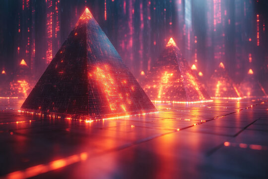 Pyramid surrounded by futuristic city skyline.