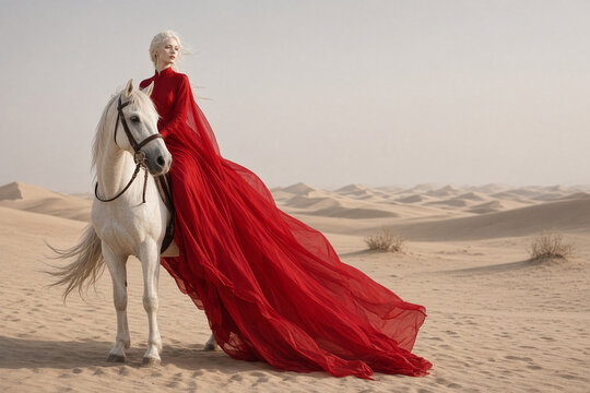 modella con abito rosso su cavallo moda