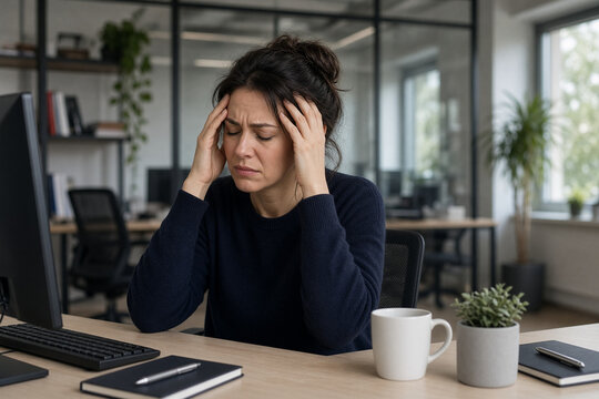 donna al lavoro con mal di testa emicrania