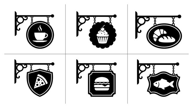 Food shop signs silhouettes set with coffee cup, cupcake, bread, pizza, burger and fish for cafe or restaurant logo