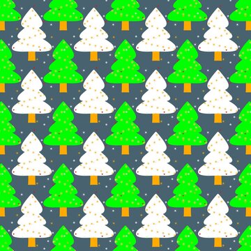 Christmas tree seamless pattern with green and white fir trees decorated with tiny stars on dark grey background, festive winter holiday vector design for wrapping paper or fabric