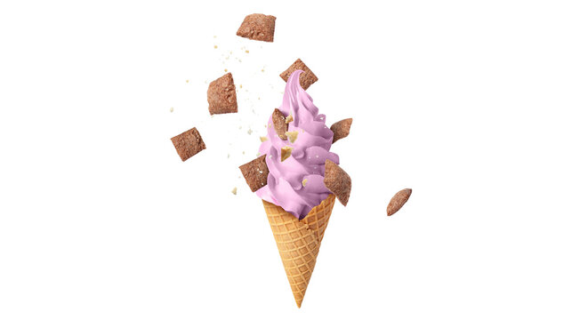 Flying ice cream cone with pink soft serve and falling chocolate cereal puffs isolated on black background