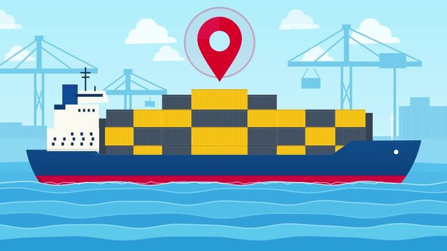 Cargo ship with location pin icon in the harbor