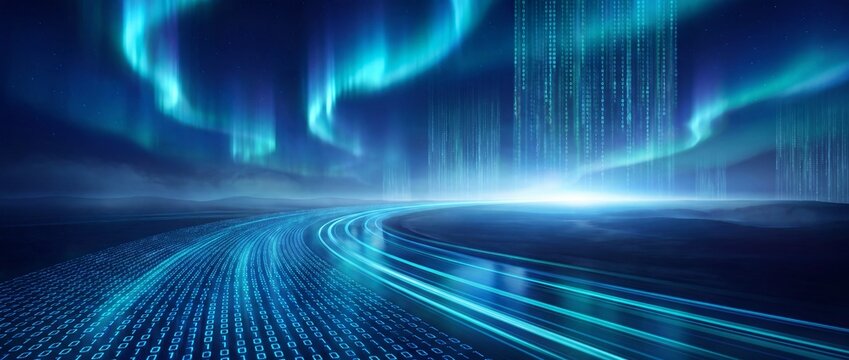 Digital data highway concept background featuring glowing blue binary code streams and vibrant aurora borealis