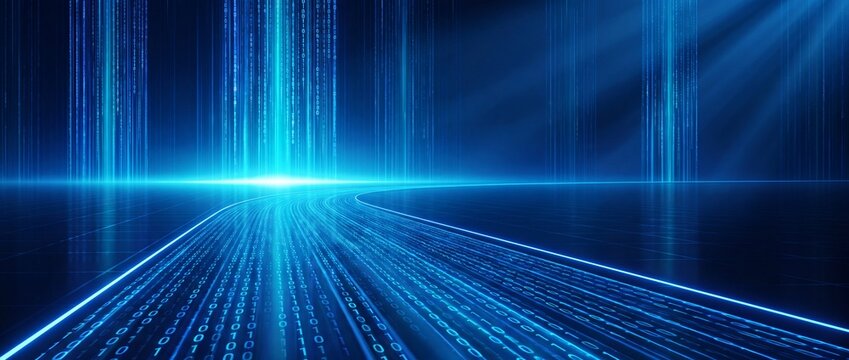Digital data highway concept with glowing binary code stream and futuristic cyber landscape background