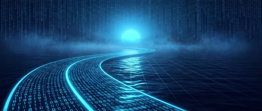 Binary code road glowing with bright blue light leading into futuristic cyberspace digital network landscape