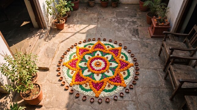 Rangoli flower decoration with glowing oil lamps on stone courtyard floor during festival celebration