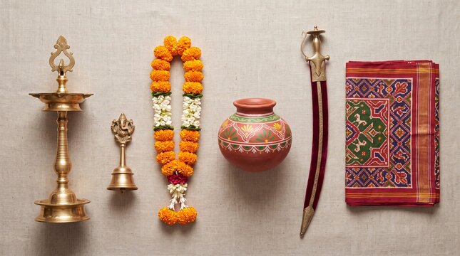 Traditional Indian festival flat lay arrangement with marigold flower garland metal lamp and sword