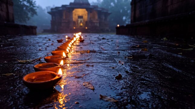 Diwali oil lamps glowing on wet stone ground during religious festival celebration at ancient temple