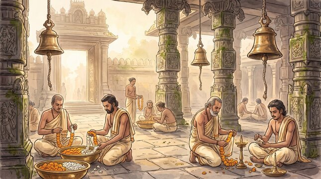 Traditional Indian temple courtyard illustration featuring devoted men making floral garlands for daily worship rituals