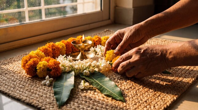 Diwali festival celebration hands arranging traditional marigold flowers and burning oil lamp on mat