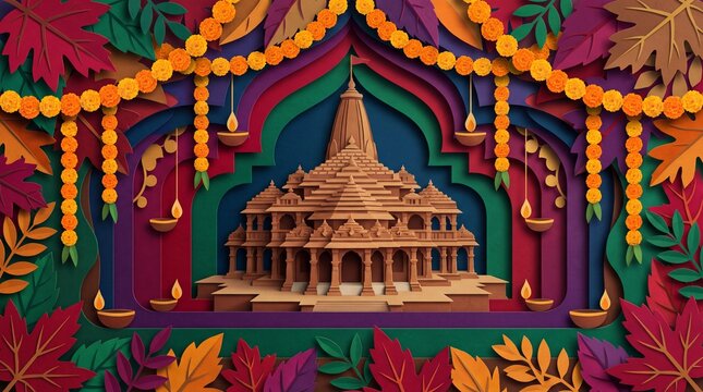 Hindu temple paper art design featuring colorful autumn leaves and traditional marigold flower garlands decoration