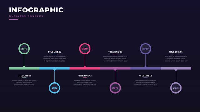 Business infographic timeline vector template. Six colorful milestone steps align along a horizontal gradient bar on a dark background. Modern flat graphic design layout.