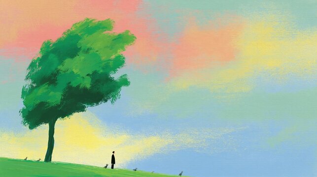 Growth under a lonely tree on grassy hill with pastel sky and birds, peaceful nature scene for mindfulness, solitude and new perspective