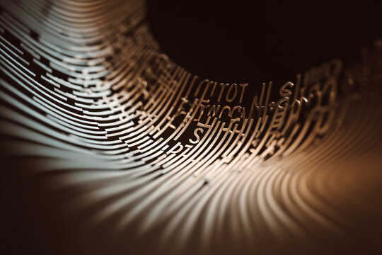 Abstract metallic letters curving through dark space with warm lighting